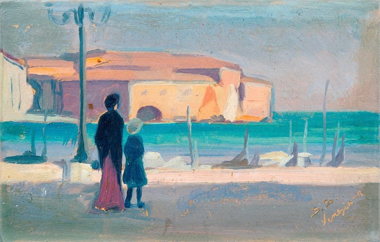 oil of mother and child looking out to sea